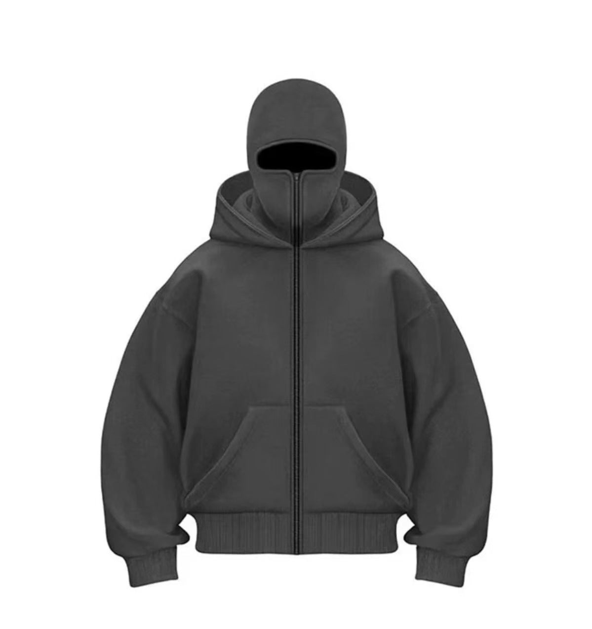 Black oversized zip-up hoodie with large hood and front pockets, casual streetwear jacket