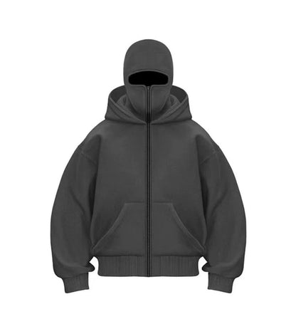 Black oversized zip-up hoodie with large hood and front pockets, casual streetwear jacket