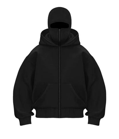 Black full-zip hooded sweatshirt with kangaroo pocket and ribbed cuffs and hem