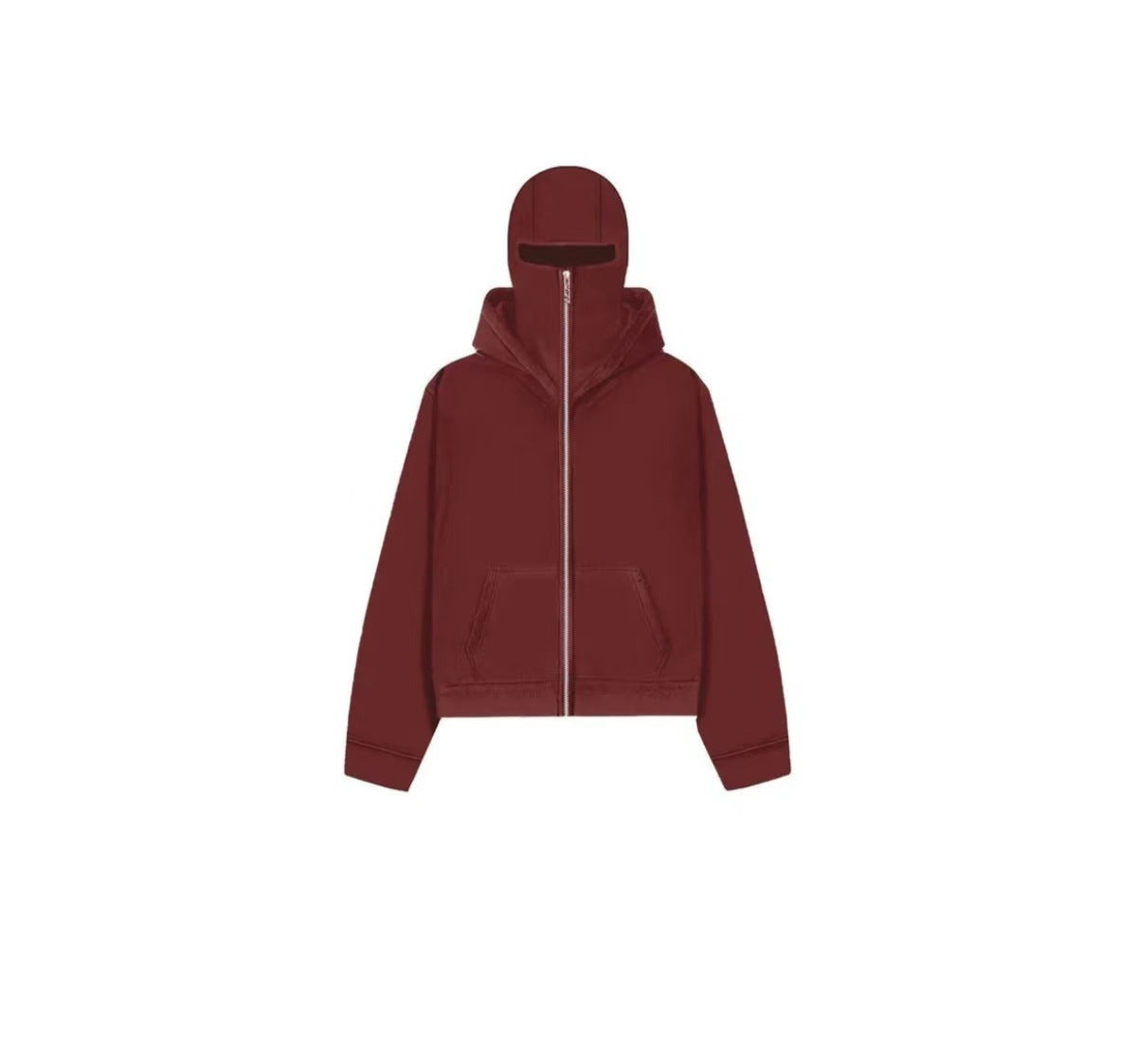 Maroon zip-up hoodie with integrated full-face mask and kangaroo pocket on white background