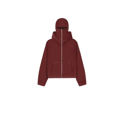 Maroon zip-up hoodie with integrated full-face mask and kangaroo pocket on white background