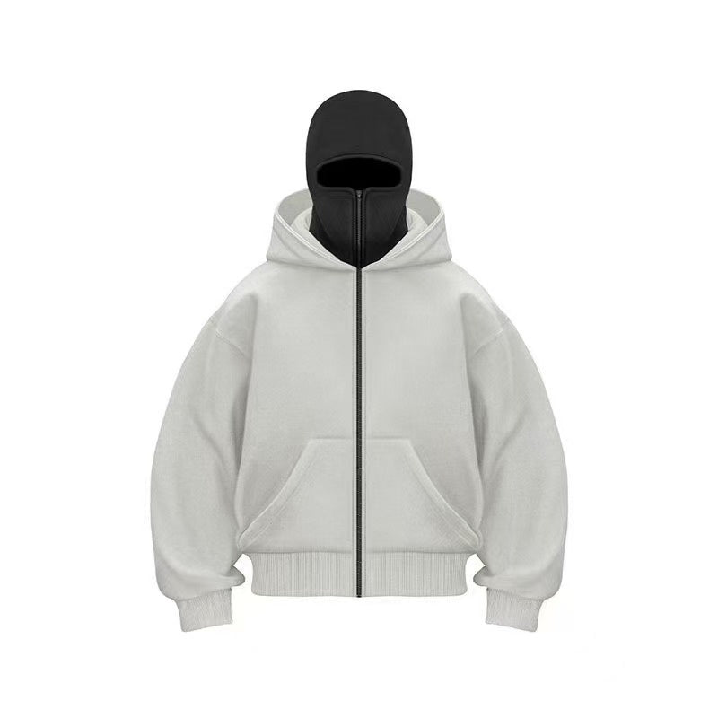 White men's oversized zip-up hoodie with kangaroo pocket and ribbed cuffs, displayed on black mannequin