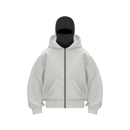 White men's oversized zip-up hoodie with kangaroo pocket and ribbed cuffs, displayed on black mannequin