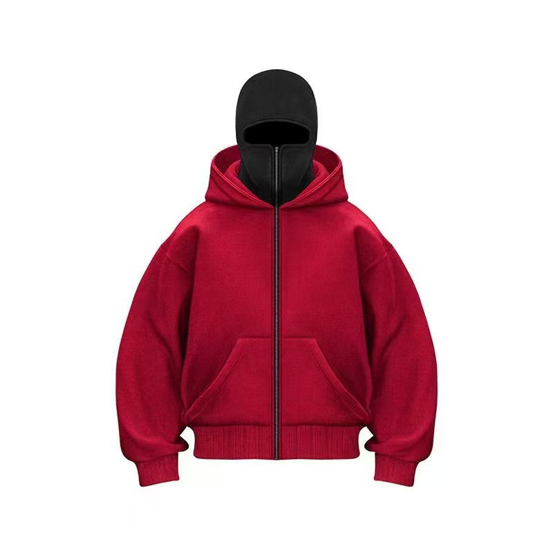 Red hooded zip-up cardigan with front pockets and ribbed cuffs on white background