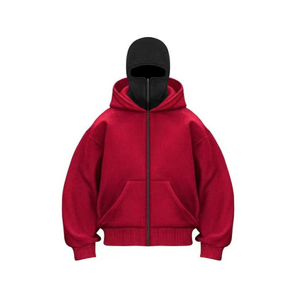 Red hooded zip-up cardigan with front pockets and ribbed cuffs on white background