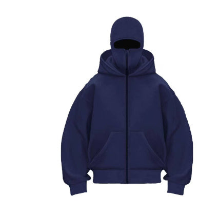 navy blue men's hooded zip-up sweatshirt with front pouch pocket and fitted cuffs