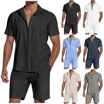 Men's short-sleeve linen shirt and shorts set in black, white, blue, navy, beige, and gray colors