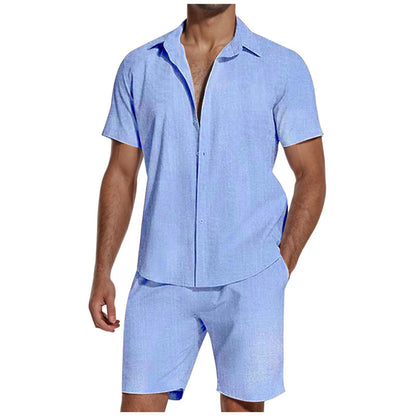 Men's light blue linen short sleeve shirt and matching shorts summer beach outfit