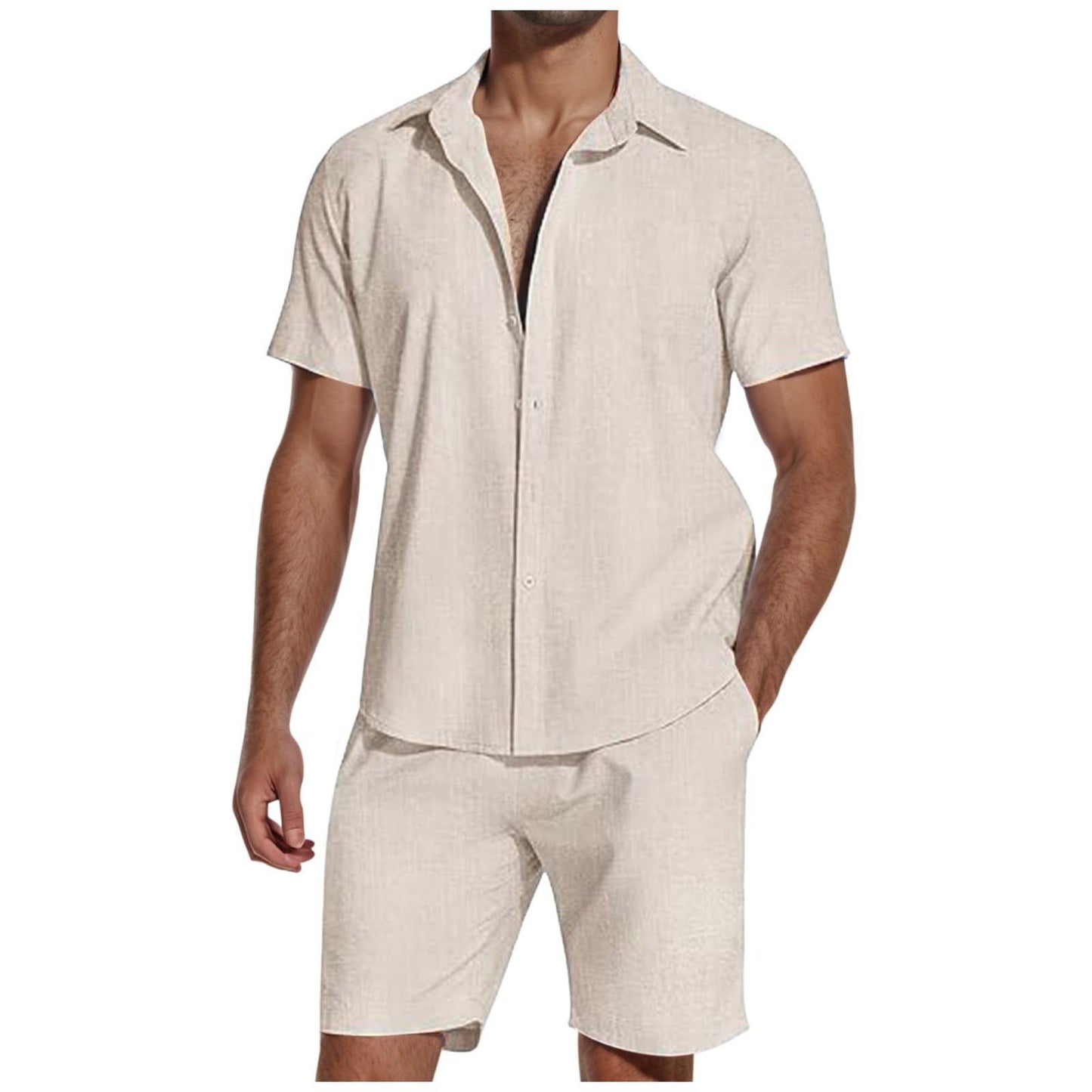 Men's white linen short sleeve shirt and shorts set, lightweight casual beachwear
