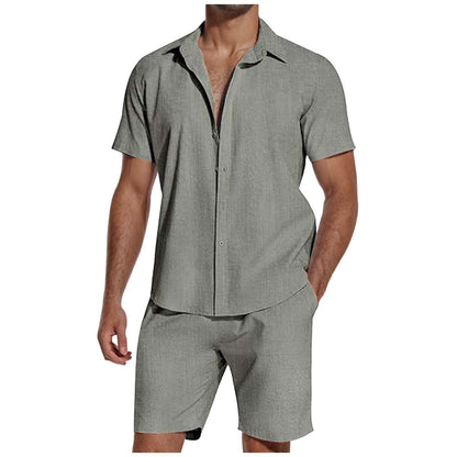 Men's lightweight grey linen shirt with short sleeves and matching shorts outfit