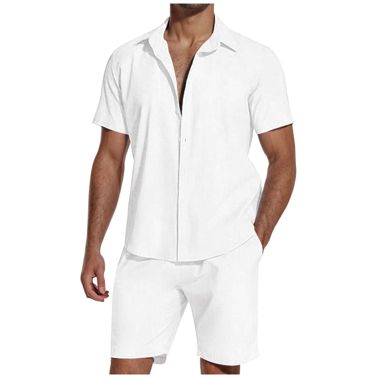 Men's white lightweight short sleeve linen shirt with lapel collar and matching shorts