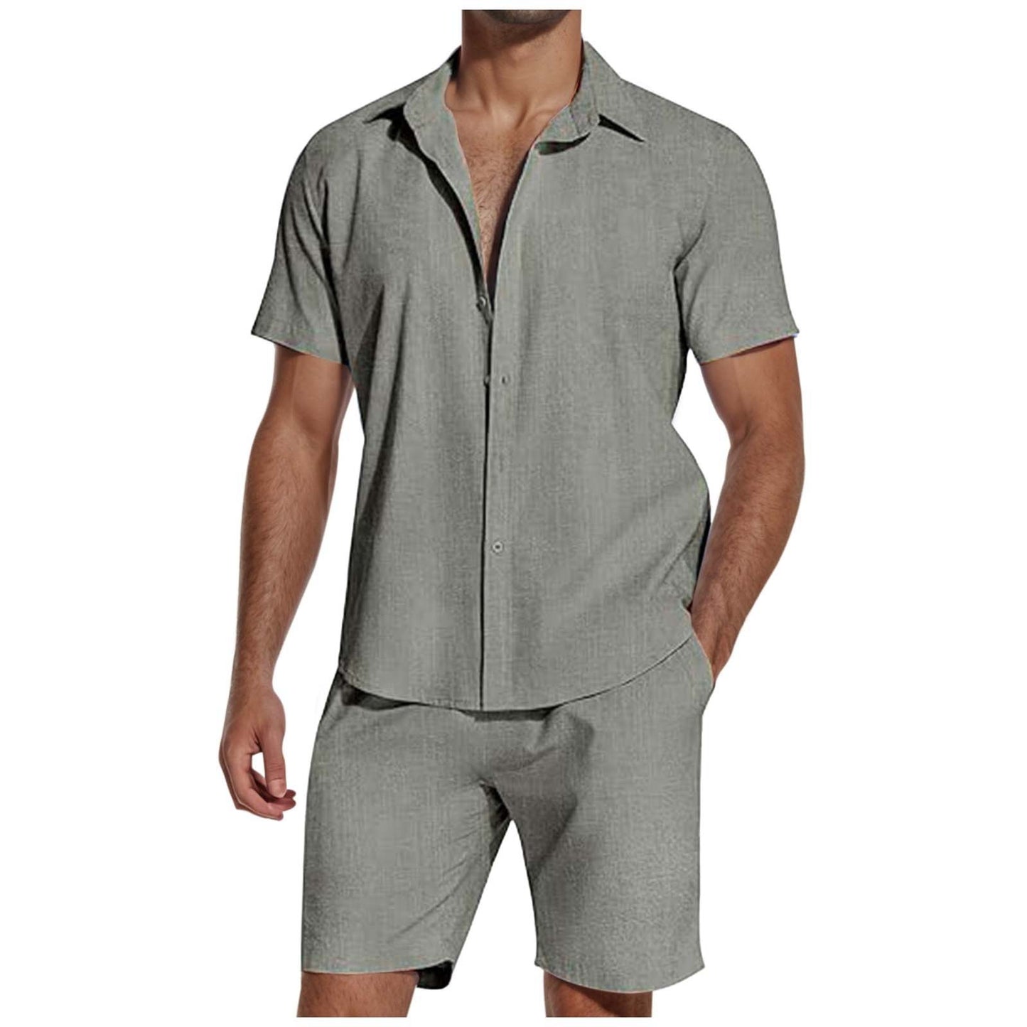 Man wearing light gray men's short sleeve linen shirt and matching shorts casual beach outfit