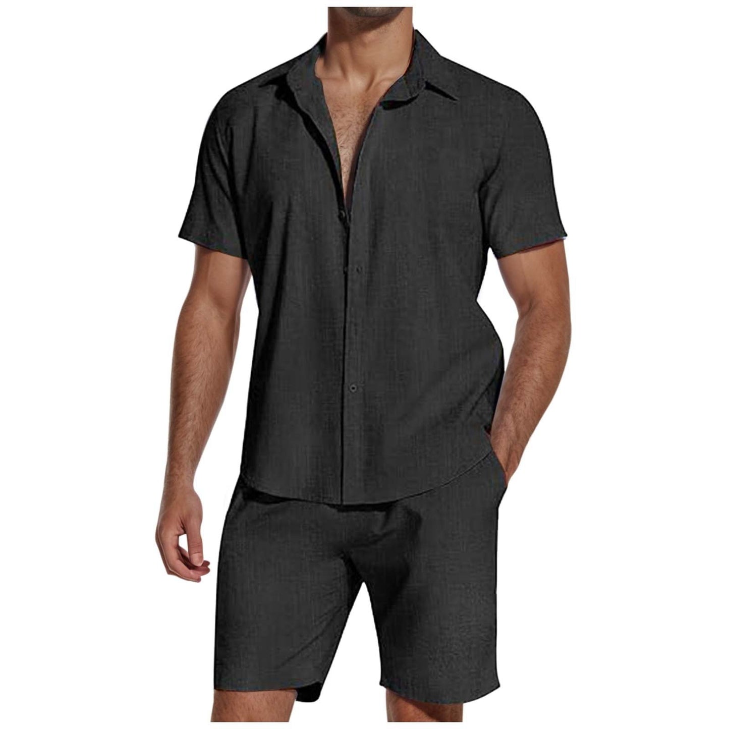 Men's black linen short sleeve button-up shirt and matching shorts summer outfit