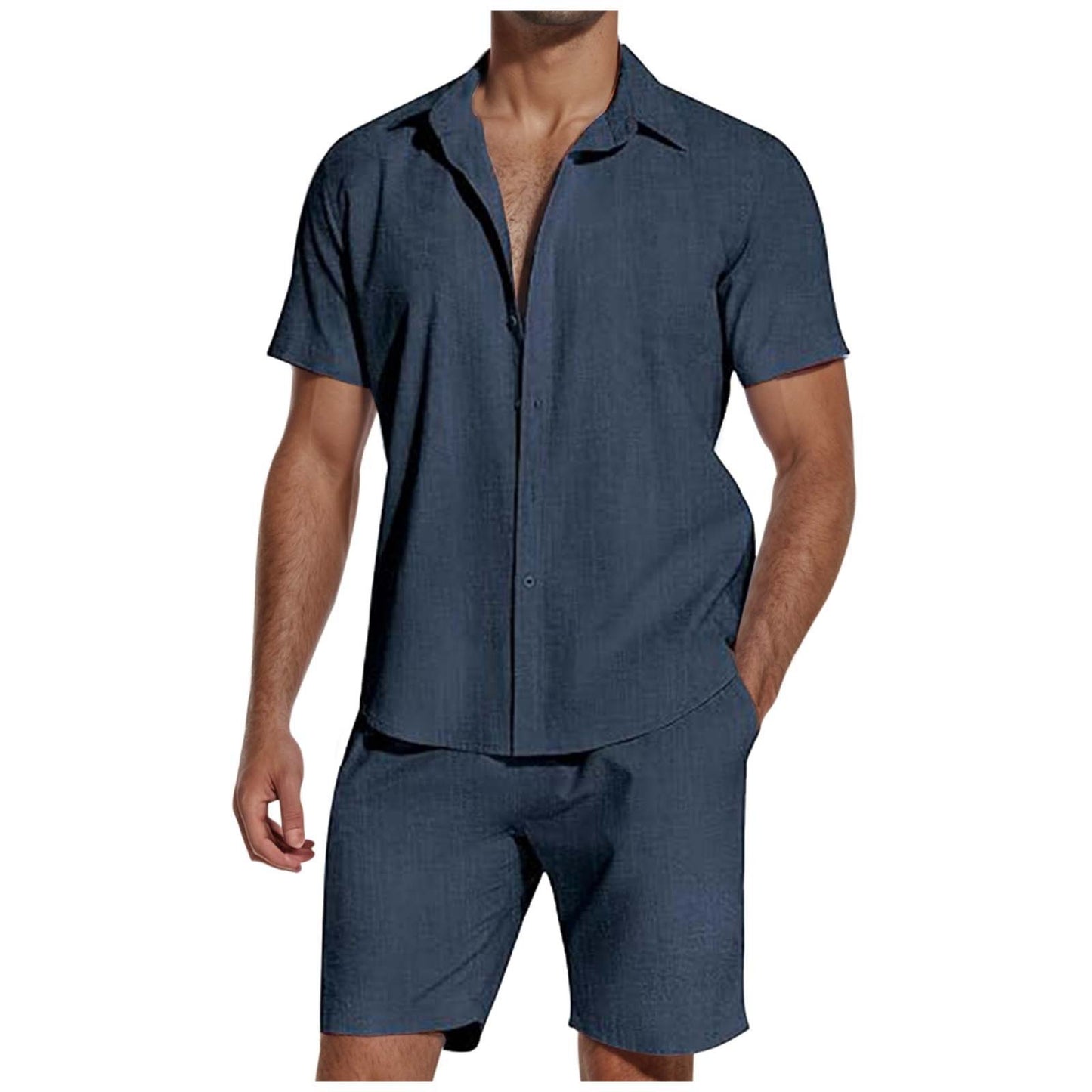 Men's navy blue linen short sleeve shirt and matching shorts casual summer outfit