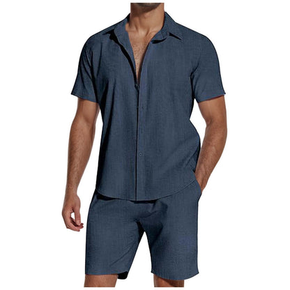 Men's navy blue linen short sleeve shirt and matching shorts casual summer outfit