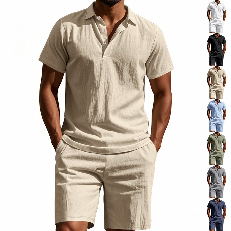 Men's breathable linen short sleeve polo shirt and shorts summer casual suit in beige with button collar
