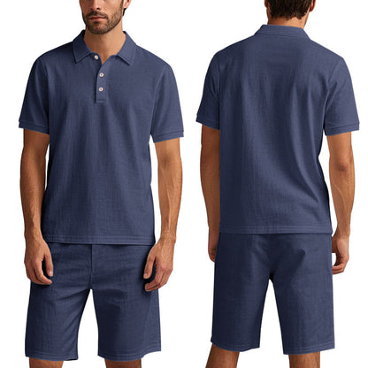 Men's navy blue polo shirt and shorts summer casual set front and back views