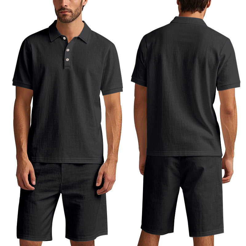 Men's black linen polo shirt and shorts set, breathable casual summer outfit, front and back views