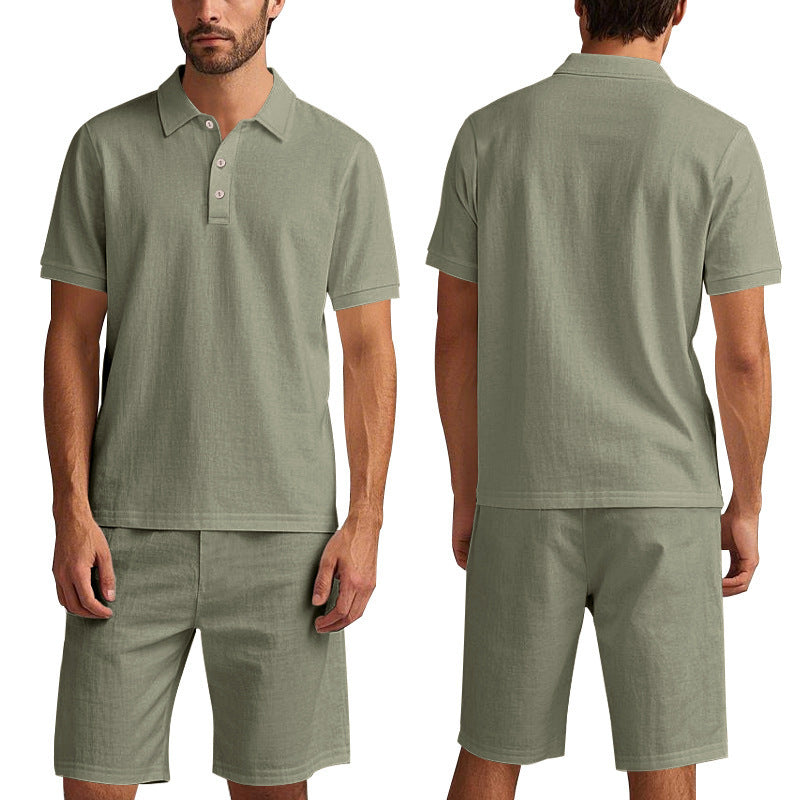 Men's light olive green linen polo shirt and shorts set, breathable casual summer outfit
