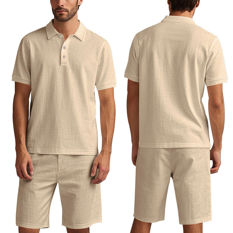 Men's beige linen polo shirt and shorts set, breathable lightweight summer casual beachwear