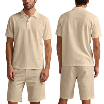 Men's beige linen polo shirt and shorts set, breathable lightweight summer casual beachwear
