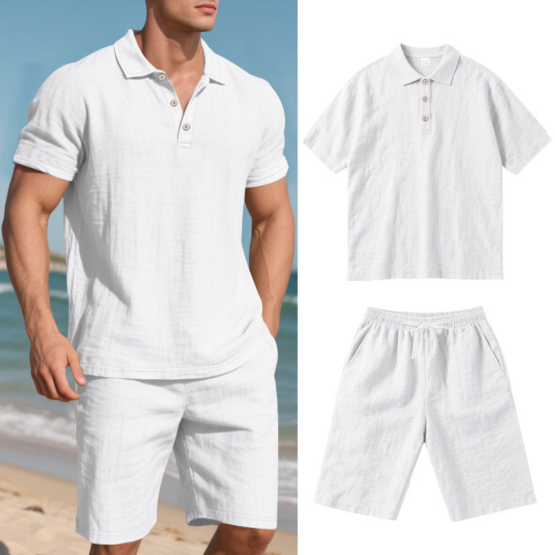White men's linen short sleeve polo shirt and shorts summer beachwear set, lightweight casual outfit
