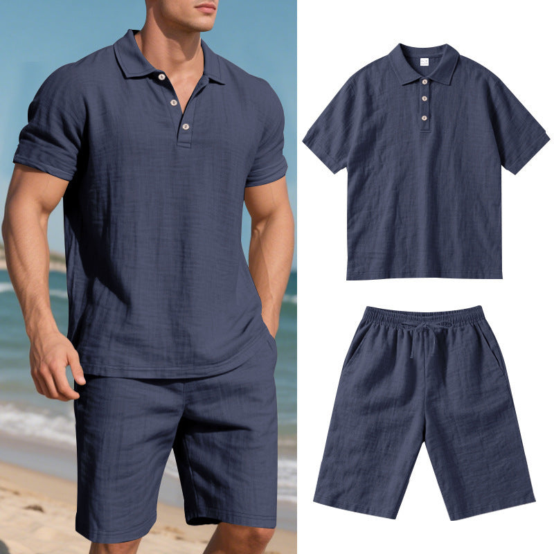 Men's navy blue short sleeve polo shirt and shorts set, lightweight casual summer beachwear