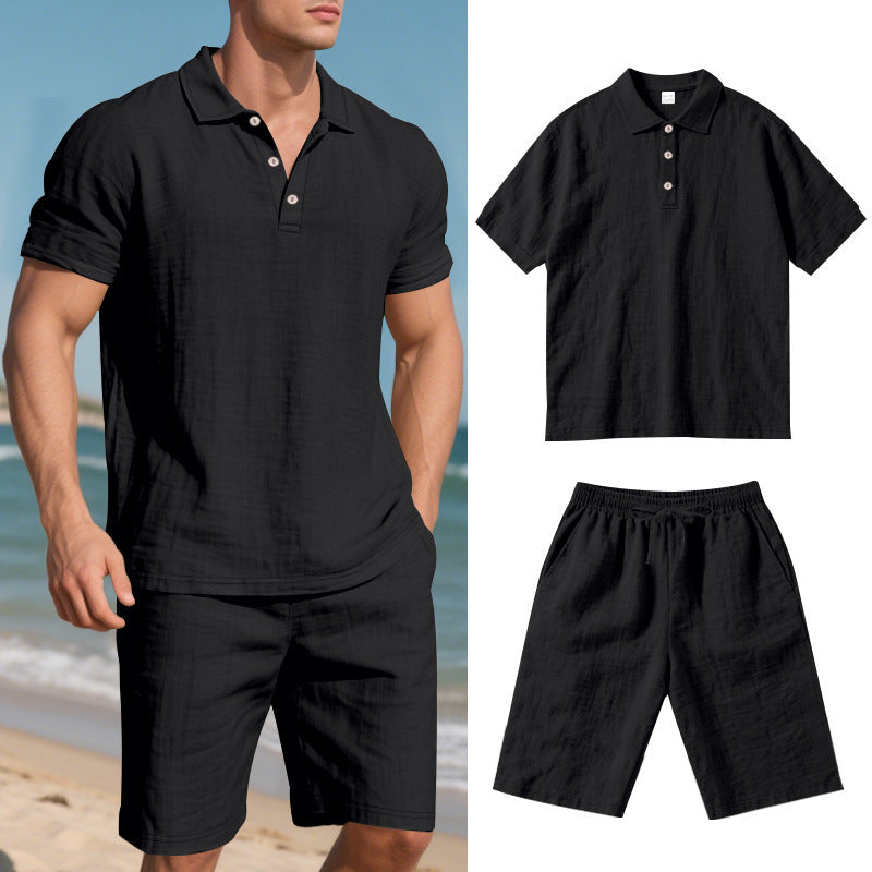 Black men's breathable linen polo shirt and shorts set, casual summer beachwear outfit