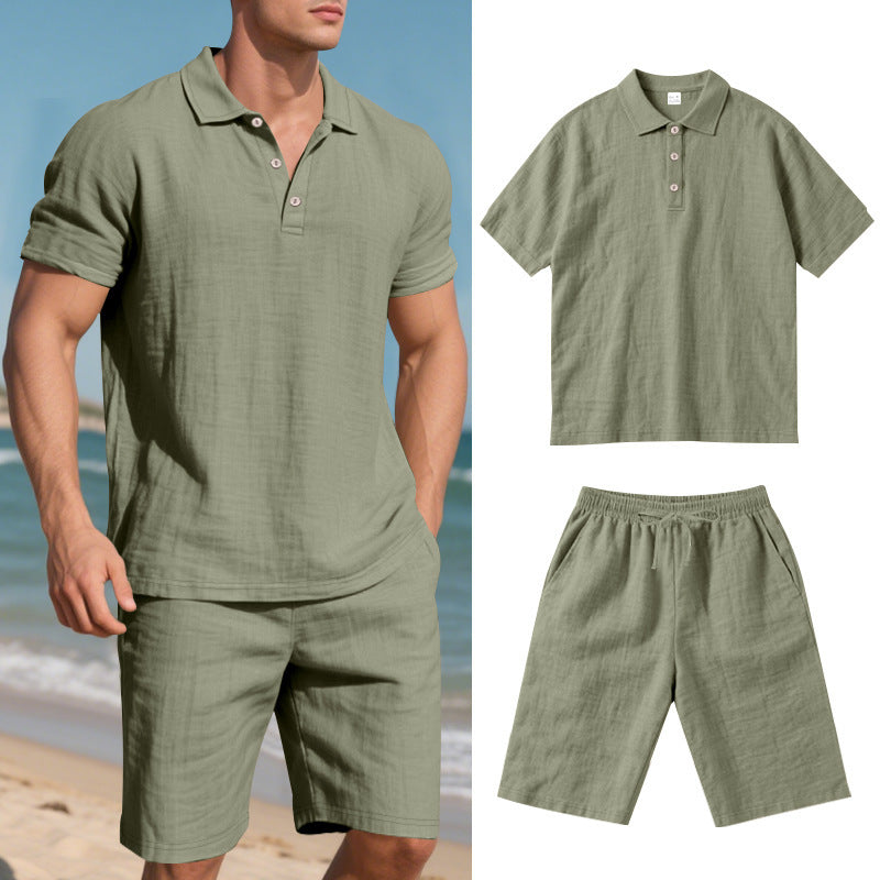 Men's olive green linen polo shirt and shorts summer outfit, breathable casual beachwear set