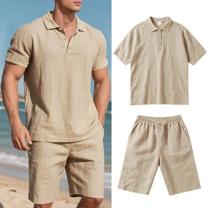 Men's beige linen polo shirt and shorts summer beachwear set, lightweight and breathable casual outfit