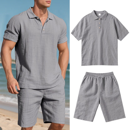 Men's light gray linen short sleeve polo shirt and shorts set, breathable casual summer beachwear