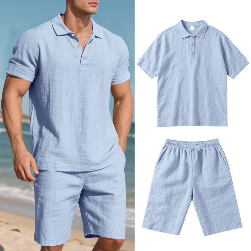 Light blue men's linen short sleeve polo shirt and shorts set, breathable summer beachwear
