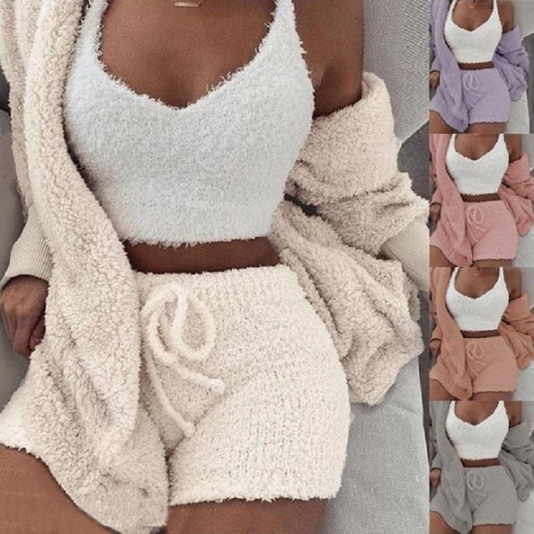 Cozy white velvet pajama set with crop top, drawstring shorts, and matching cardigan loungewear