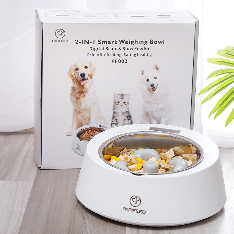 White 2-in-1 smart weighing pet food bowl by PAPIFEED with digital scale, slow feeder, and mixed dry food