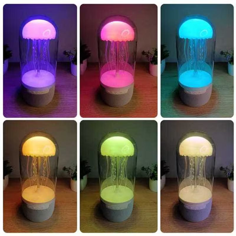 White jellyfish lamp with Bluetooth speaker on wood surface showing six color modes including purple, pink, blue, yellow, green, and white