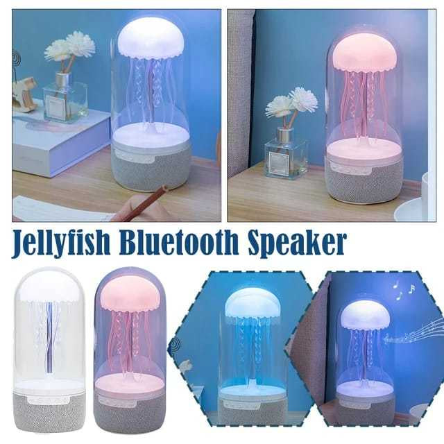 White jellyfish Bluetooth speaker lamp with color-changing light on wooden table