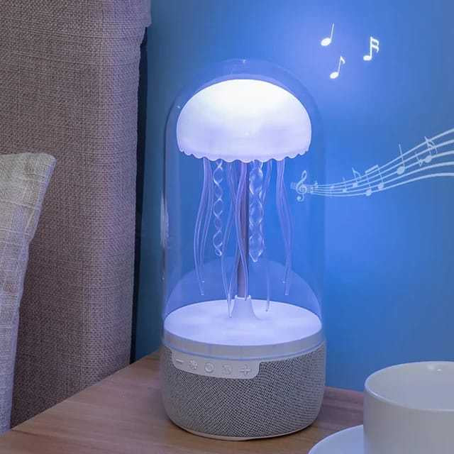 White jellyfish lamp Bluetooth speaker on wooden table with musical notes on blue wall