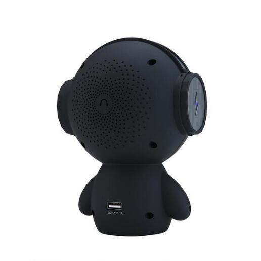 Black Trendoligy mini Bluetooth speaker shaped like a robot with USB output port