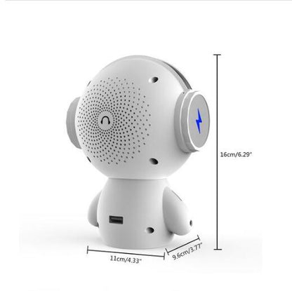 White Trendoligy mini robot Bluetooth speaker with 5W power and USB port, dimensions shown