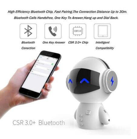 White Trendoligy mini robot Bluetooth speaker with blue LED eyes and icons showing Bluetooth, one key answer, CSR 3.0+ chip, and intelligent compatibility
