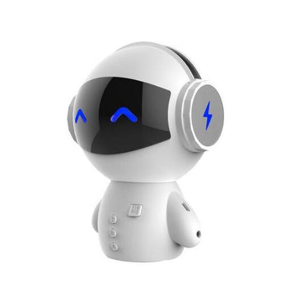 White Trendoligy mini robot Bluetooth speaker with blue LED eyes and lightning bolt headphones