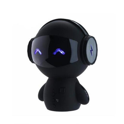 Black mini robot Bluetooth speaker with glowing blue eyes and headphone-like design