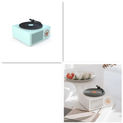 Compact retro mini phonograph Bluetooth speaker in pastel blue and white with vinyl record design