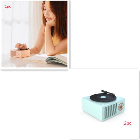 Retro mini phonograph Bluetooth speaker in pastel pink and blue, portable wireless audio device