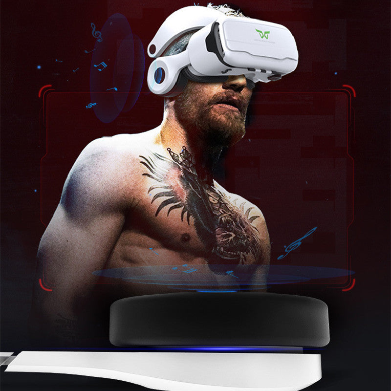 Shirtless man with dragon chest tattoo wearing white Trendoligy VR headset with adjustable HD virtual reality glasses