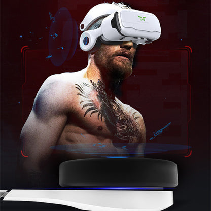 Shirtless man with dragon chest tattoo wearing white Trendoligy VR headset with adjustable HD virtual reality glasses
