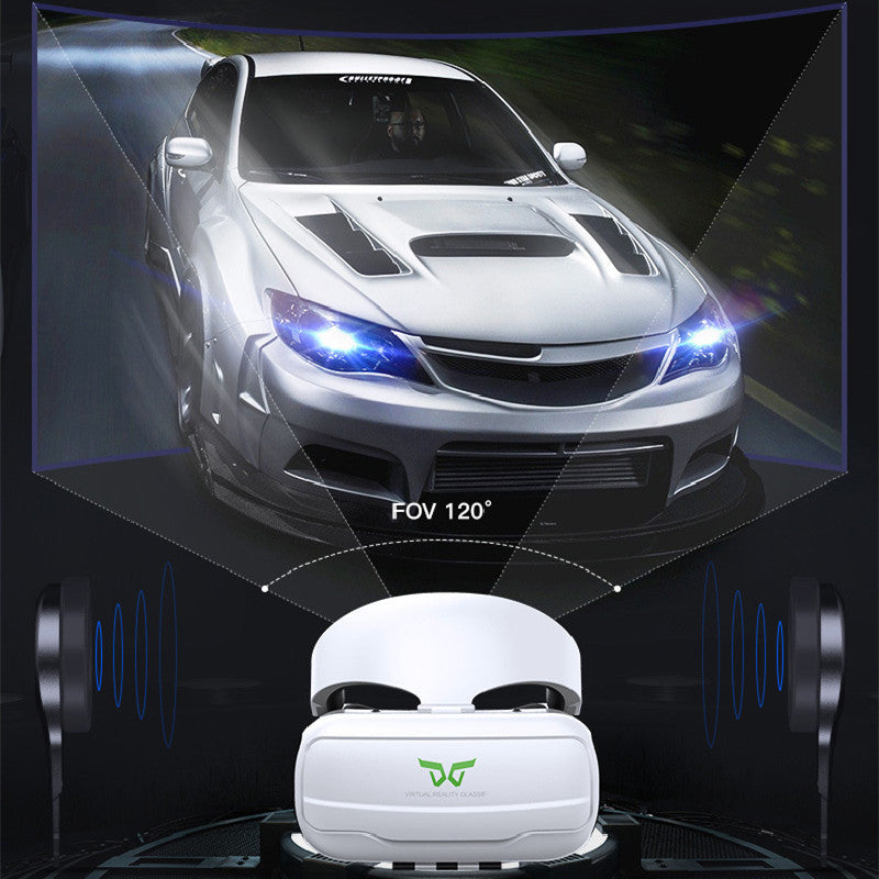 White Trendoligy VR headset with 120° field of view showing a speeding white sports car