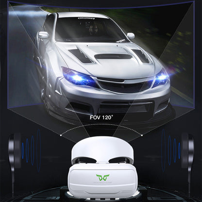 White Trendoligy VR headset with 120° field of view showing a speeding white sports car