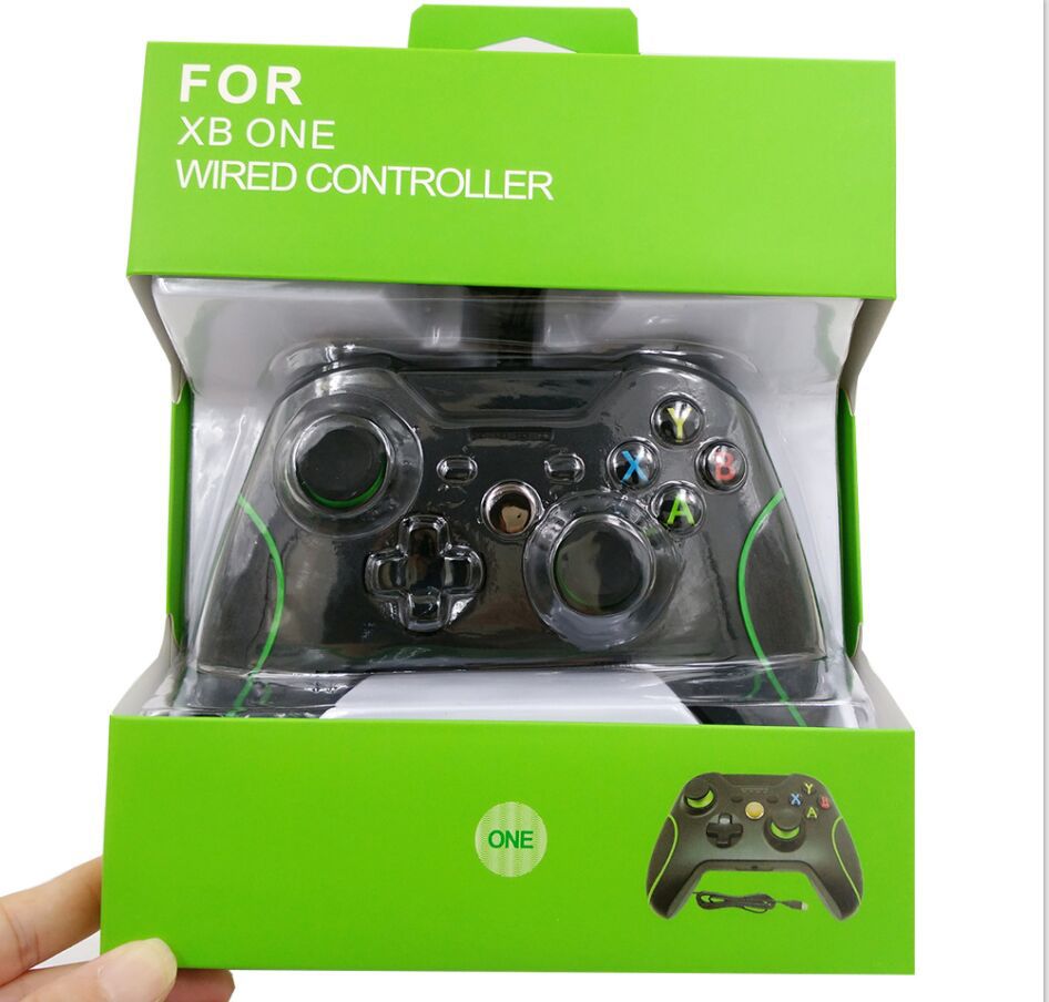 Black wired Xbox One controller with green accents in green retail packaging