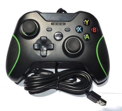 Black wired USB game controller with green accents for Xbox One and PC, featuring dual vibration